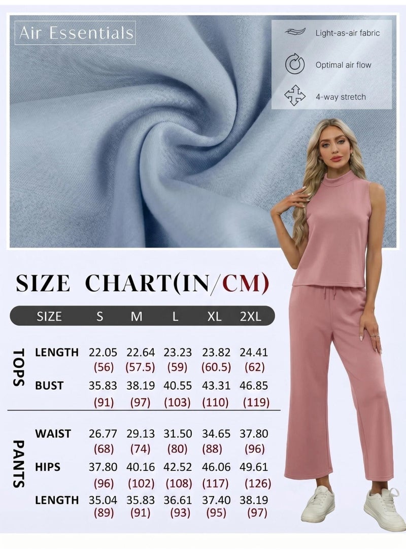 NIBEMINENT Two Piece Sets for Women Summer Outfits Lounge Sets Mock Neck Tops Wide Leg Crop Pants Vacation Travel Outfits - Image 5