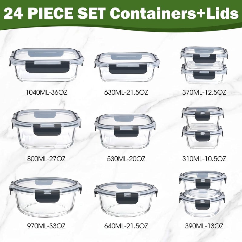 yashe Glass Containers with Lids, 12 Pack Thick & Durable Food Containers - Stackable Airtight Glass Meal Prep Containers, BPA-Free Food Storage for Microwave, Oven, Freezer and Dishwasher, Black - Image 2