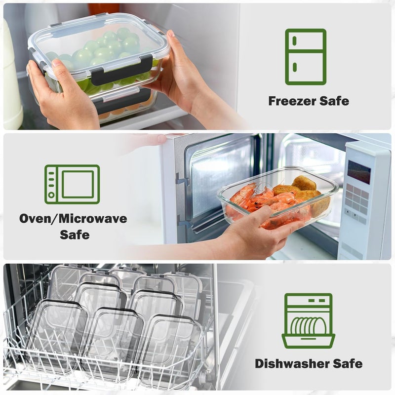 yashe Glass Containers with Lids, 12 Pack Thick & Durable Food Containers - Stackable Airtight Glass Meal Prep Containers, BPA-Free Food Storage for Microwave, Oven, Freezer and Dishwasher, Black - Image 5