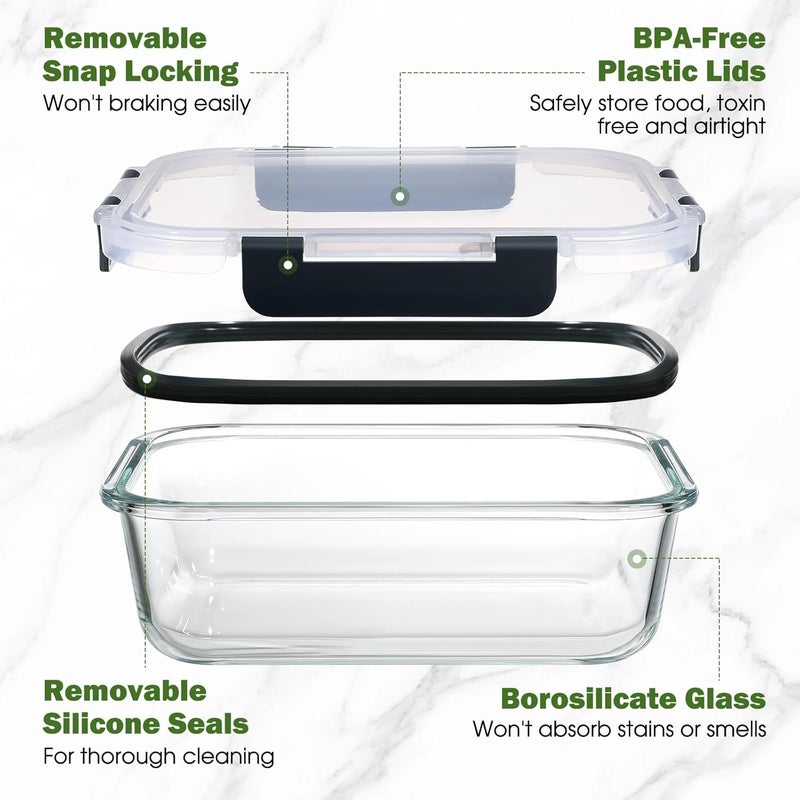 yashe Glass Containers with Lids, 12 Pack Thick & Durable Food Containers - Stackable Airtight Glass Meal Prep Containers, BPA-Free Food Storage for Microwave, Oven, Freezer and Dishwasher, Black - Image 3