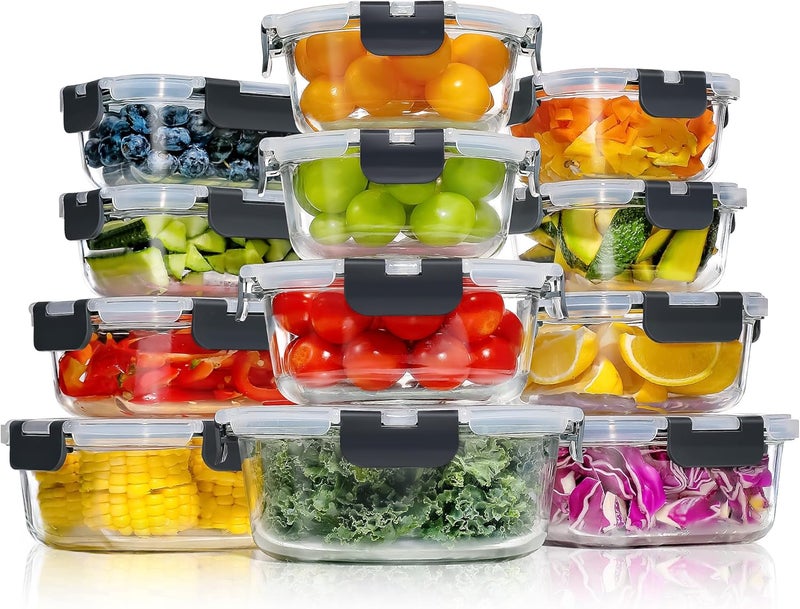 yashe Glass Containers with Lids, 12 Pack Thick & Durable Food Containers - Stackable Airtight Glass Meal Prep Containers, BPA-Free Food Storage for Microwave, Oven, Freezer and Dishwasher, Black - Image 1