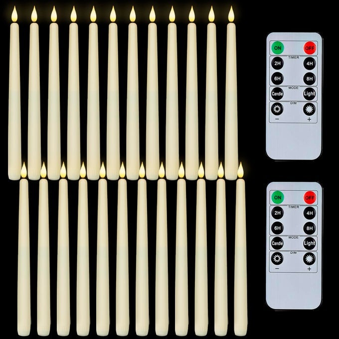 24 PCS FLAMELESS TAPER CANDLES WITH REMOTE TIMER DIMMER 11 INCHES IVORY CANDLESTICKS BATTERY OPERATED PLASTIC LED TAPER CANDLES WITH FLICKERING FLAME FOR HALLOWEEN CHRISTMAS CHURCH WEDDING