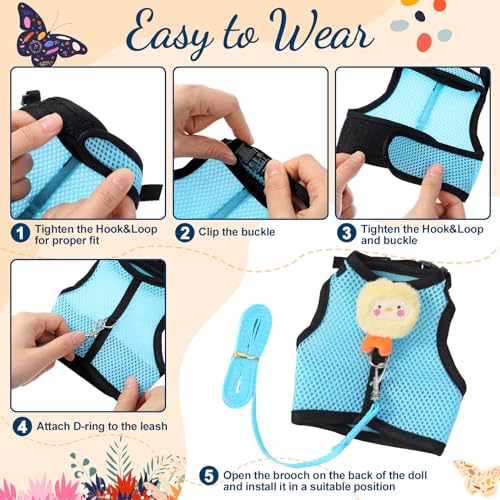 Bunnycool Rabbit Harness and Leash Set with 2 Cute Decorations Bunny Clothes Adjustable Buckle Breathable Mesh Vest Harness for Rabbits Ferret Small Pig Puppy Walking Supplies(Light Blue,Lively Pattern) - Image 5