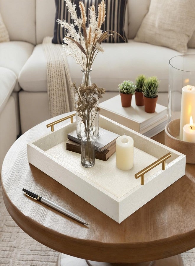 SXNOWS 17"x12" Cream Faux Leather Serving Tray with Gold Handles, Rectangle Decorative Tray for Ottoman, Coffee Table, Kitchen, Bar, Gift for Home Decor - Image 2