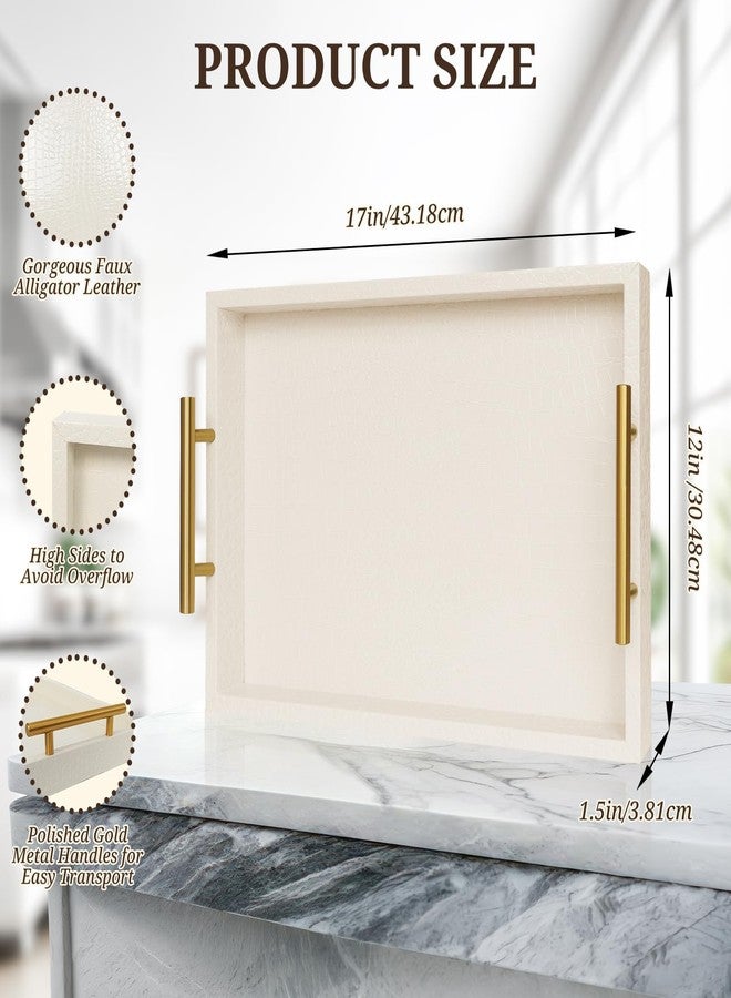 SXNOWS 17"x12" Cream Faux Leather Serving Tray with Gold Handles, Rectangle Decorative Tray for Ottoman, Coffee Table, Kitchen, Bar, Gift for Home Decor - Image 3