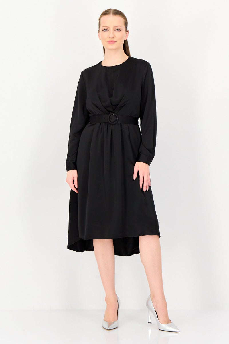 SELECTED Signature By Selected Women Solid Belted Midi Dress, Black - Image 1