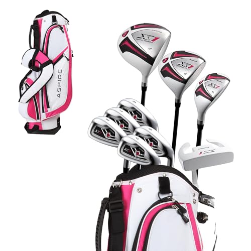 Aspire X1 Womens Golf Club Set Lightweight Graphite Shafts Driver Fairway Hybrid 6PW Irons Putter Stand Bag Headcovers RightHanded Pink Standard Size 53 to 59 - Image 1