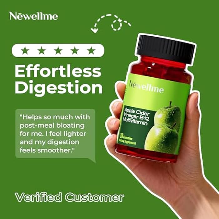 NEWELLME Sugar-Free Apple Cider Vinegar (ACV) Gummies with The Mother & B12, Vegan Organic Vitamin Gummies for Digestion, Energy & Metabolism,Gluten-Free, Multivitamin Support,30 Counts - Image 4