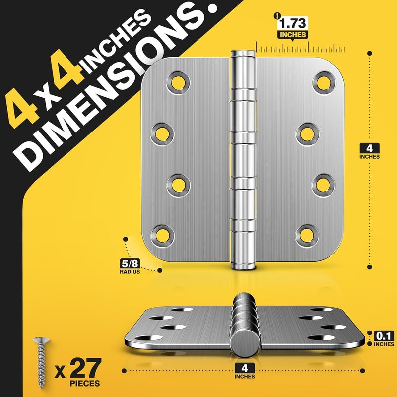Kolet Ball Bearing Door Hinges, 4 x 4 Inches Door Hinges, Heavy Duty Stainless Steel Hinges, 5/8'' Radius Corner, Smooth and Quiet, Non Removable Pin, Brushed Nickel, 3 Pack - Image 2