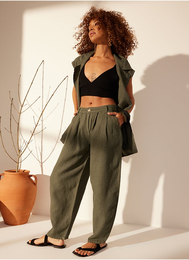 trendyol Green 100% Linen High Waist Barrel Trousers TWOSS24JE00243  - Image 3