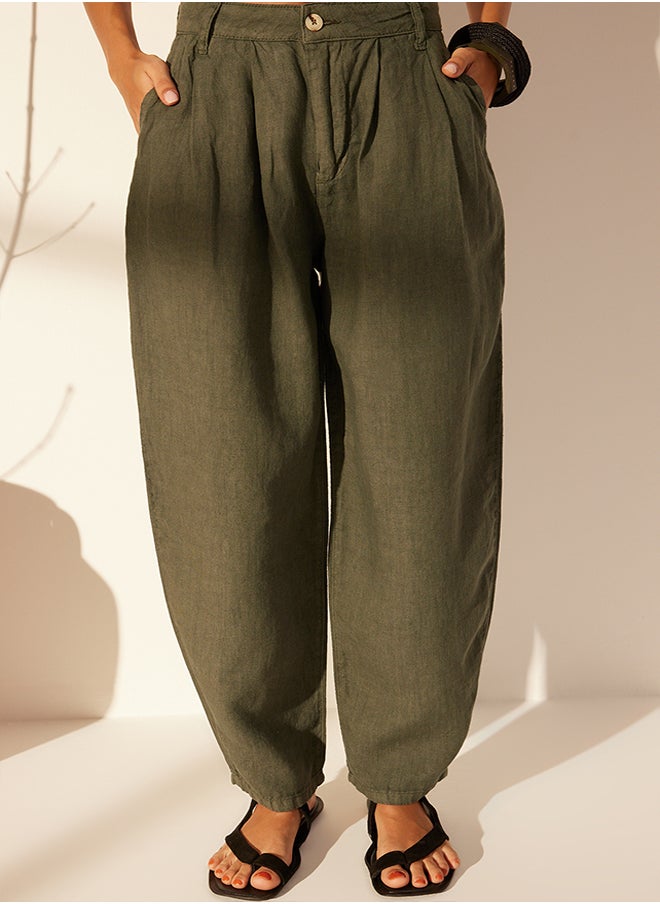 trendyol Green 100% Linen High Waist Barrel Trousers TWOSS24JE00243  - Image 4