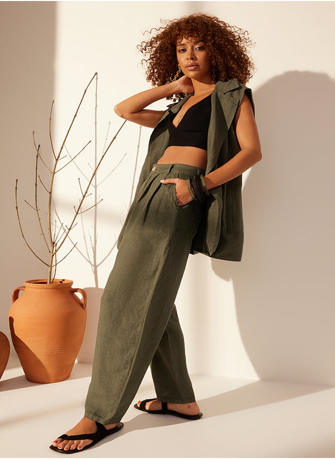 trendyol Green 100% Linen High Waist Barrel Trousers TWOSS24JE00243  - Image 2