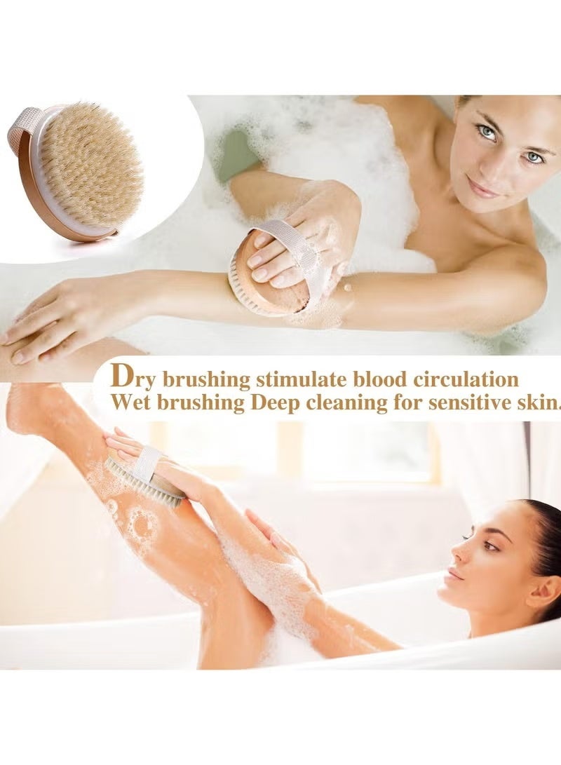 Dry and Bath Body Brush,Dry Wet Body Brush,Exfoliating Dry Skin Body Brush, Shower Brush,Body Scrub Brush Shower for Cleansing Exfoliating Lymphatic Drainage, Natural Wood Bristle Round - Image 4