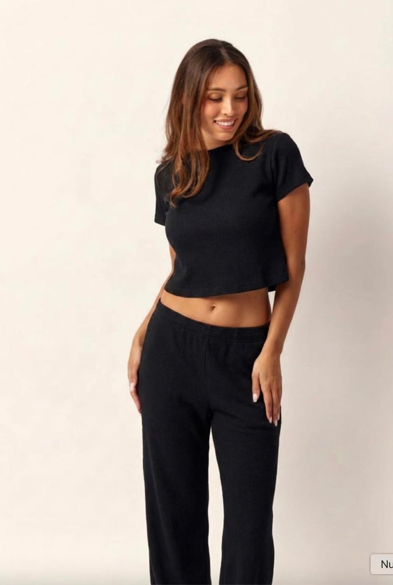 Almere Waffle Knit Lounge Set for Women Baby Tee and Sweatpants (Black, Medium) - Image 2