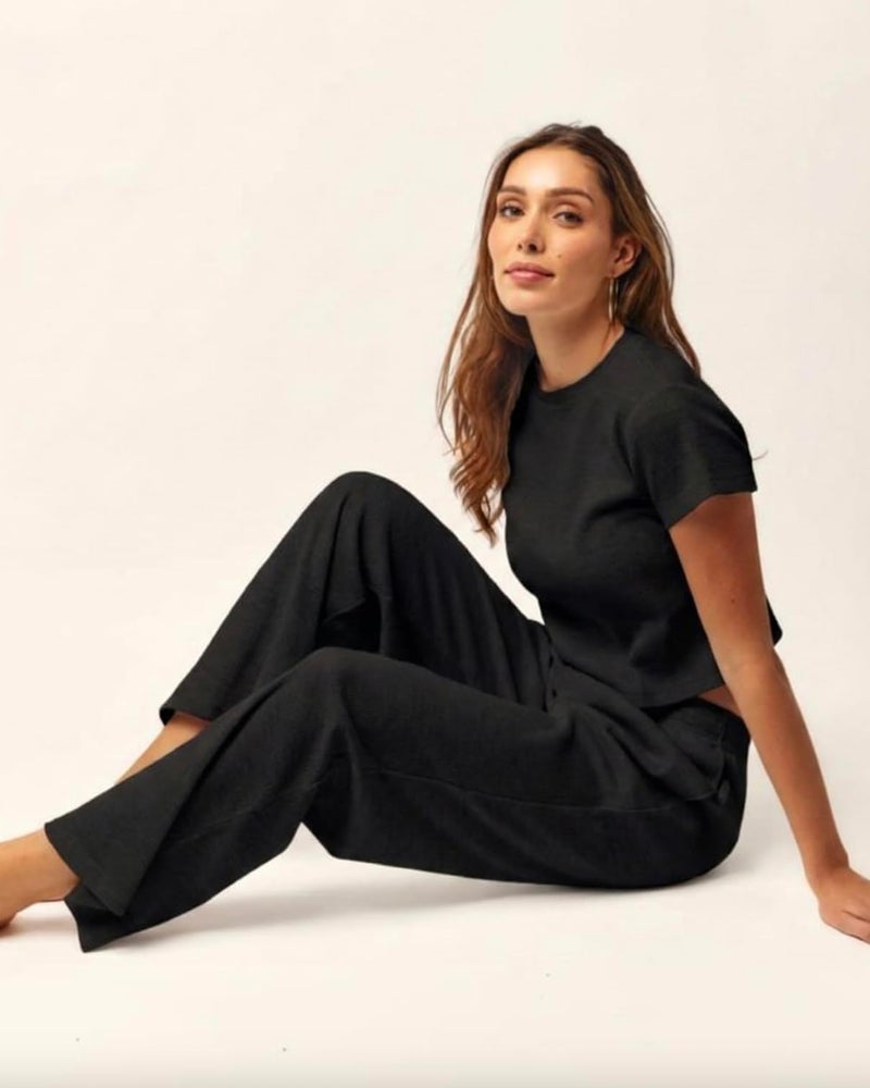 Almere Waffle Knit Lounge Set for Women Baby Tee and Sweatpants (Black, Medium) - Image 5