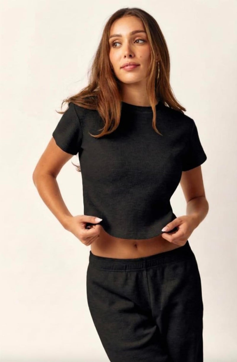 Almere Waffle Knit Lounge Set for Women Baby Tee and Sweatpants (Black, Medium) - Image 3