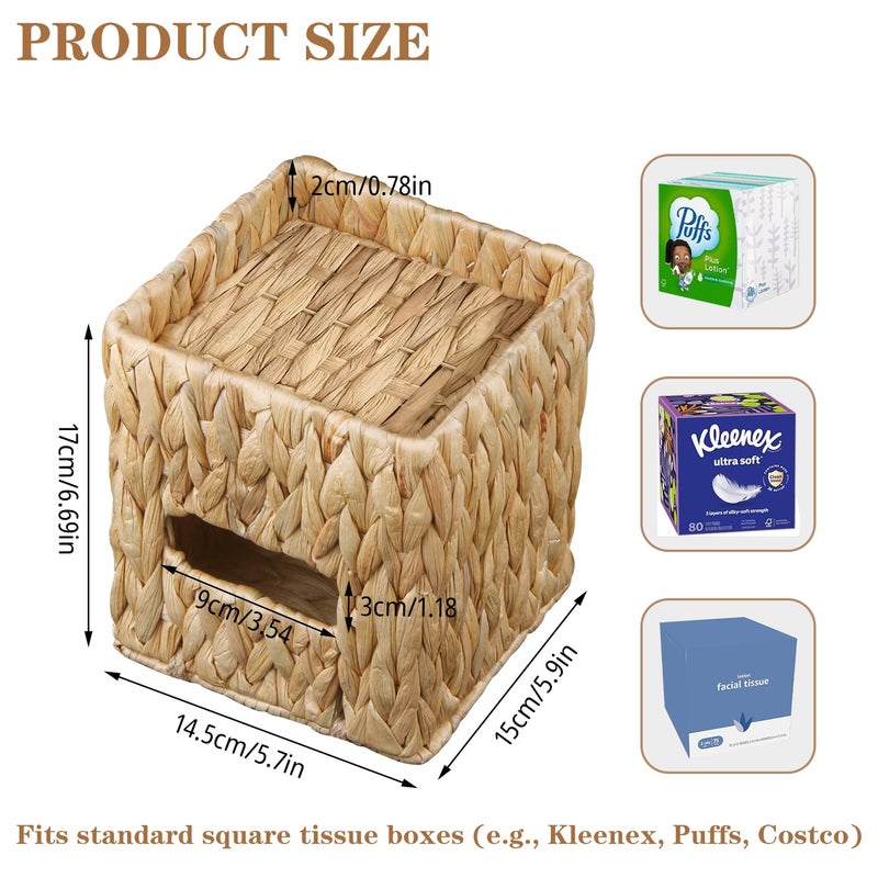 BIBELUN Woven Tissue Box Cover Square with Storage Tray, Water Hyacinth Tissues Cube Box Holder, Farmhouse Wicker Facial Tissue Dispenser Organizer for Bathroom, Countertop, Vanity, Nightstand, Decor - Image 4