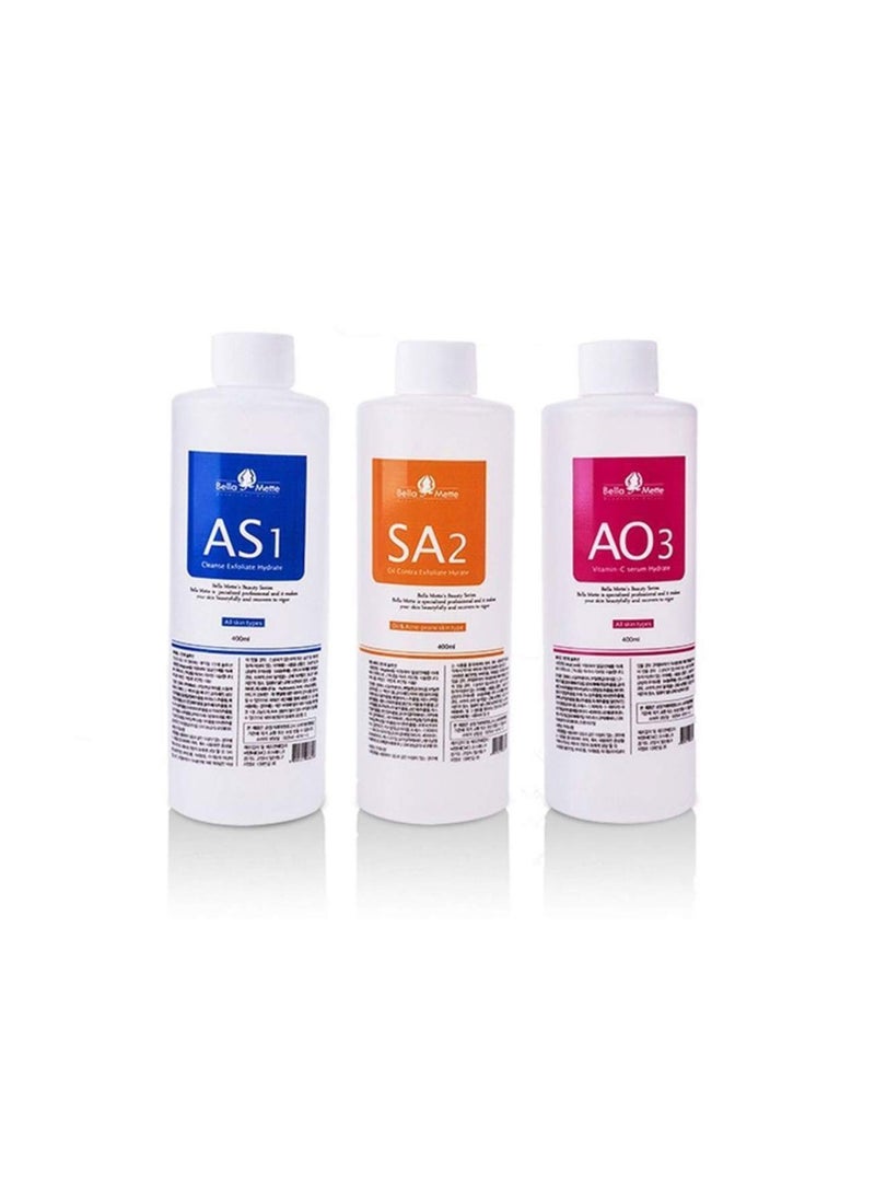 Hydrogen Oxygen Facial Machine Serums for Facial Cleansing – A Pack of 400ml 3 Aqua Peeling Solution AS1, SA2, and AO3 –Skin Care Hydra Solution for Vacuum face Cleaning Jet for Home and Spa - Image 1