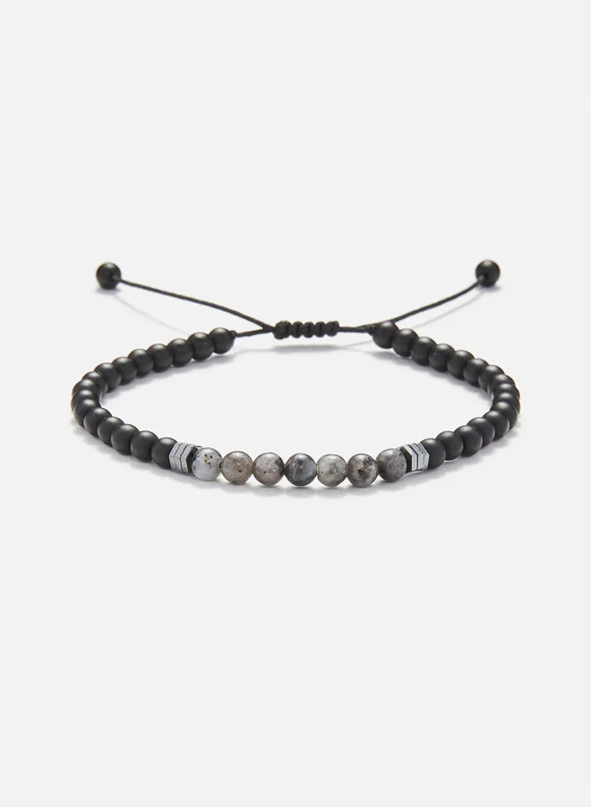 CHRYSOSTOMOS Handmade Beaded Bracelet for Men with Black Onyx, Grey Larvikite and Hematite