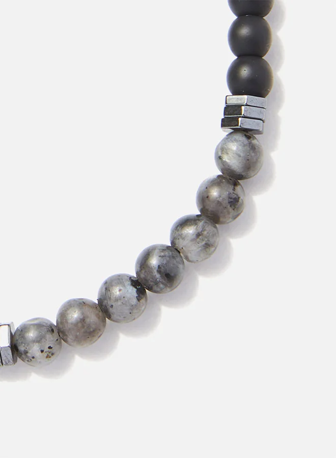 CHRYSOSTOMOS Handmade Beaded Bracelet for Men with Black Onyx, Grey Larvikite and Hematite