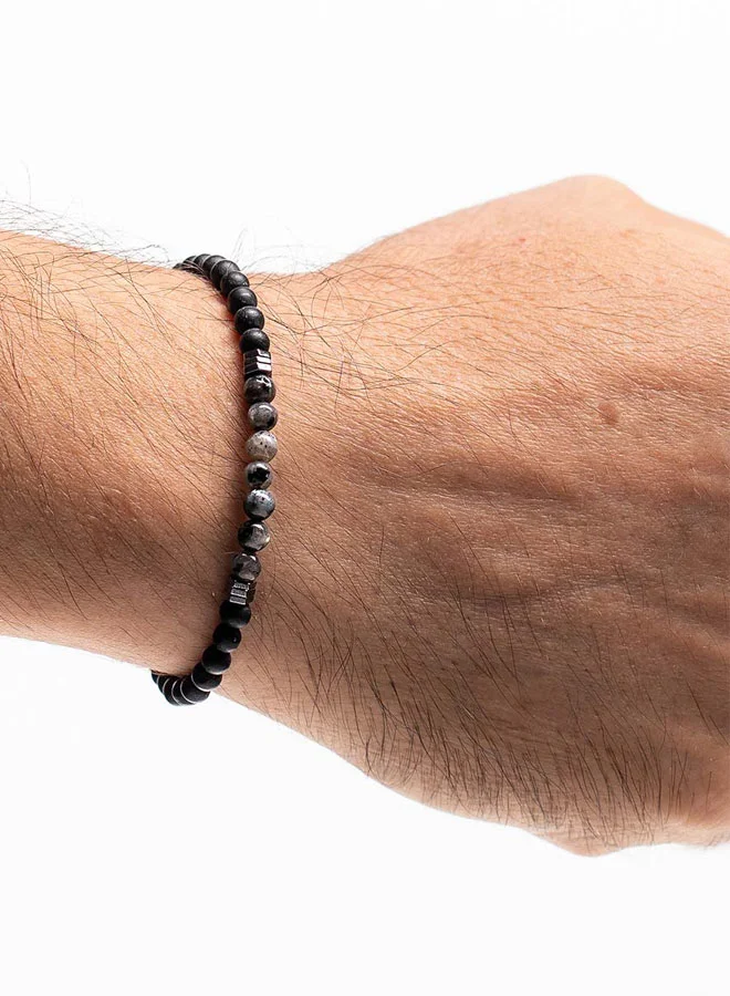 CHRYSOSTOMOS Handmade Beaded Bracelet for Men with Black Onyx, Grey Larvikite and Hematite