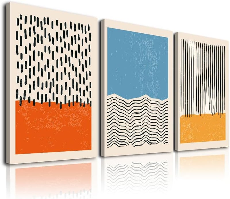 KBKBART Framed Canvas Wall Art Set of 3, Abstract Color Blocks Shapes Illustrations Wall Decor Red Blue Yellow Art Painting, Mid-Century Modern Print, Minimalist Colorful Line Artwork Boho Decor for Living - Image 1