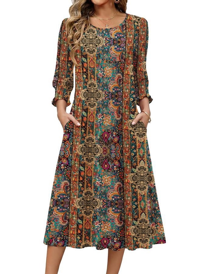 zeagoo Summer Dresses for Women 2026 3/4 Sleeve Dress for Women Floral Midi Dresses for Casual Womens Dresses with Pockets, Floral-mz721, XL - Image 1