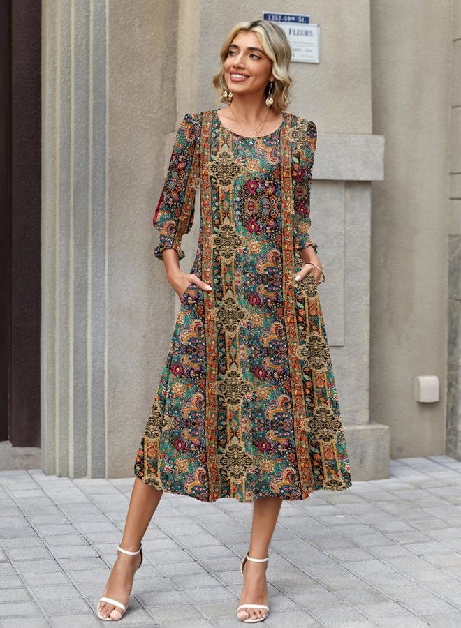 zeagoo Summer Dresses for Women 2026 3/4 Sleeve Dress for Women Floral Midi Dresses for Casual Womens Dresses with Pockets, Floral-mz721, XL - Image 4