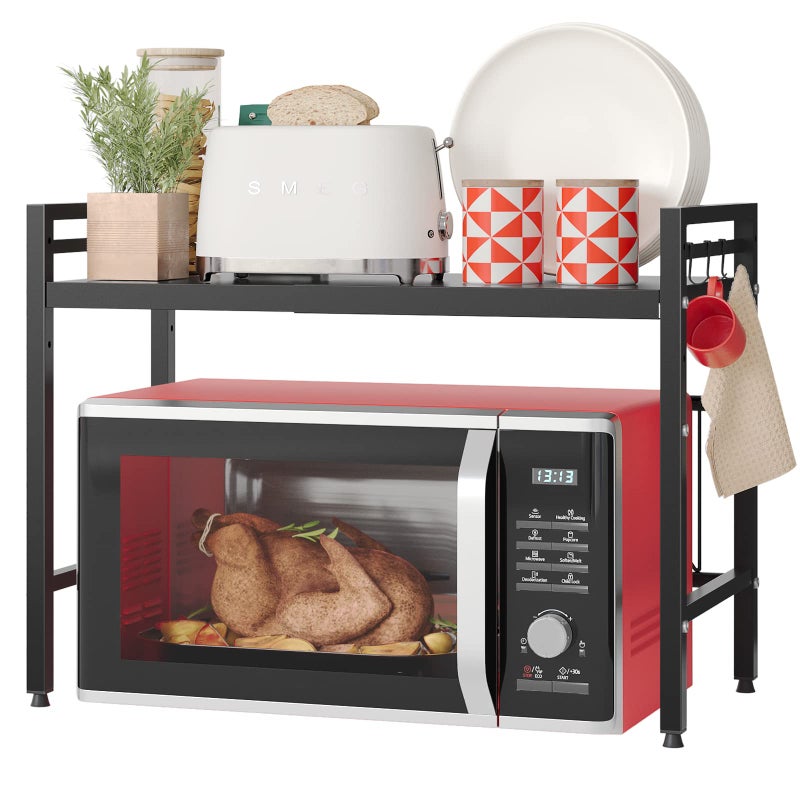 NETEL حامل ميكروويف قابل للتوسيع من NETEL، 2 طبقة من الرفوف المعدنية لتنظيم سطح المطبخ مع 8 خطافات، رف الخباز، رف الميكروويف، رف فرن الميكروويف، سعة وزن 55 رطل - Image 1