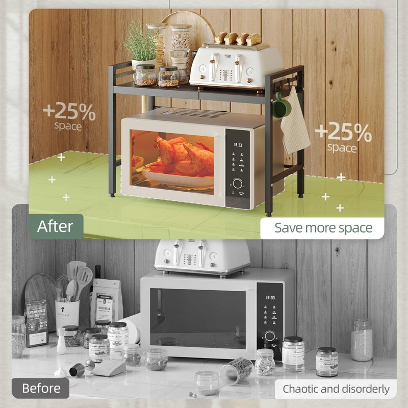 NETEL حامل ميكروويف قابل للتوسيع من NETEL، 2 طبقة من الرفوف المعدنية لتنظيم سطح المطبخ مع 8 خطافات، رف الخباز، رف الميكروويف، رف فرن الميكروويف، سعة وزن 55 رطل - Image 4