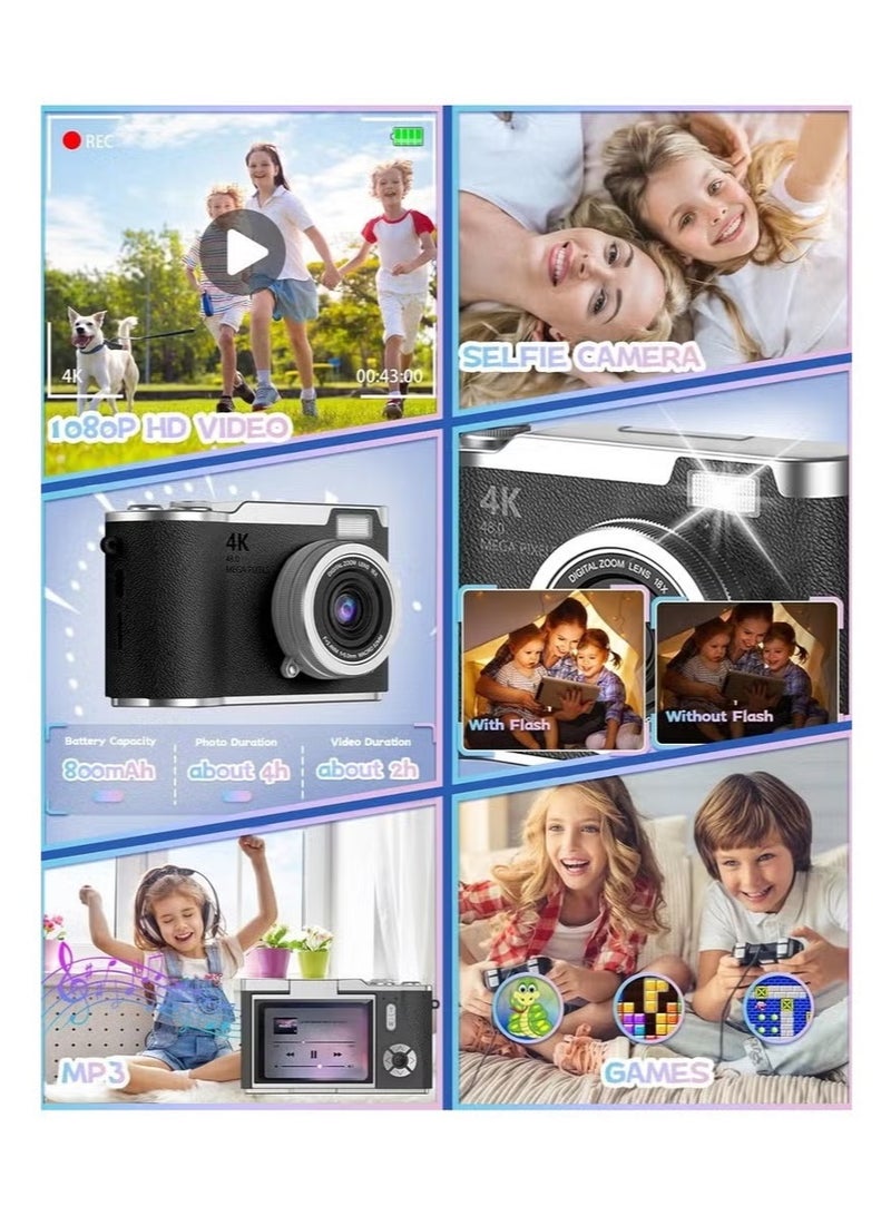 روك بو كاميرا رقمية طلابية بدقة 48 ميجابكسل مع تكبير رقمي 4K CCD، محمولة لتصوير الصور الرقمية، شاشة قابلة للتدوير بزاوية 180 درجة، كاميرا سيلفي مزودة ببطاقة SD بسعة 64 جيجابايت. - Image 4