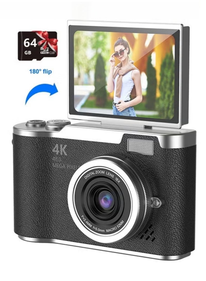 روك بو كاميرا رقمية طلابية بدقة 48 ميجابكسل مع تكبير رقمي 4K CCD، محمولة لتصوير الصور الرقمية، شاشة قابلة للتدوير بزاوية 180 درجة، كاميرا سيلفي مزودة ببطاقة SD بسعة 64 جيجابايت. - Image 1