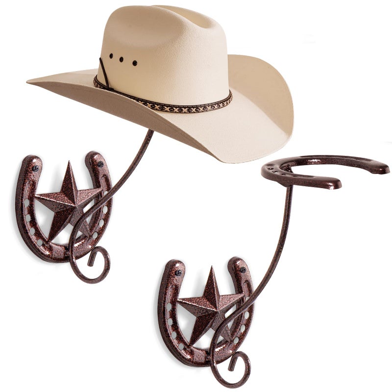 HYDERMUS Cowboy Hat Rack for Wall Rustic Metal Cowboy Hat Holder 2 Pack Hat Hanger Western Wall Decor Horseshoe Hooks Storage Display Closet Bedroom Living Room Western Gift Antique Bronze - Image 1