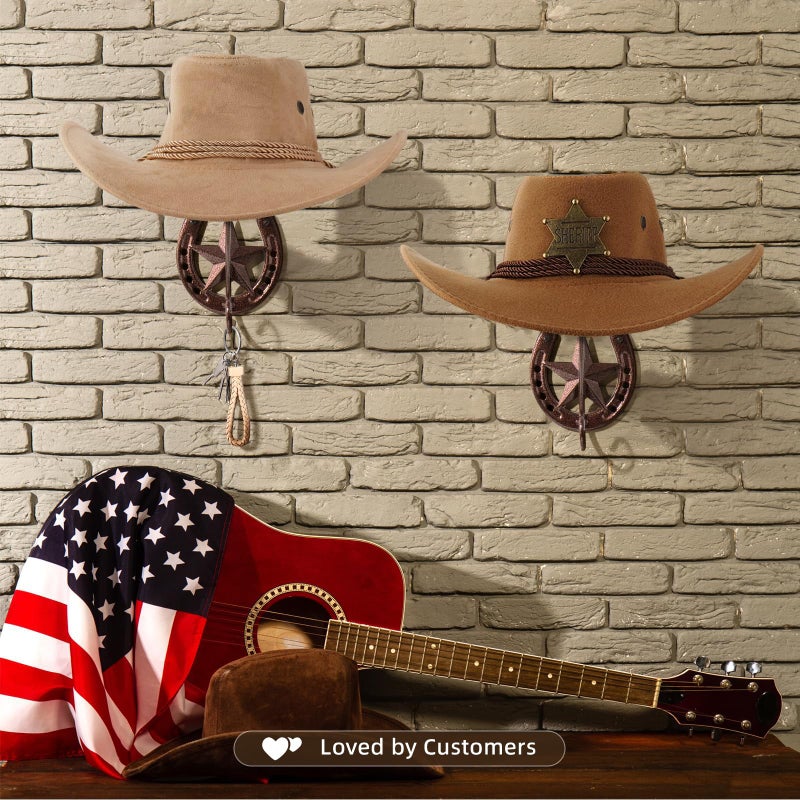 HYDERMUS Cowboy Hat Rack for Wall Rustic Metal Cowboy Hat Holder 2 Pack Hat Hanger Western Wall Decor Horseshoe Hooks Storage Display Closet Bedroom Living Room Western Gift Antique Bronze - Image 2