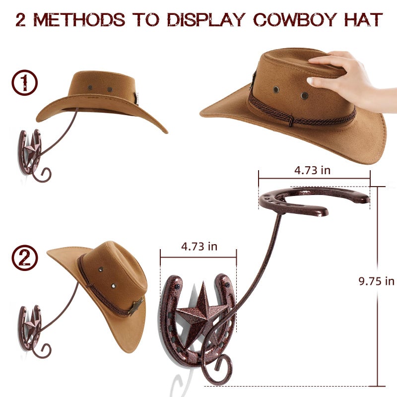 HYDERMUS Cowboy Hat Rack for Wall Rustic Metal Cowboy Hat Holder 2 Pack Hat Hanger Western Wall Decor Horseshoe Hooks Storage Display Closet Bedroom Living Room Western Gift Antique Bronze - Image 5