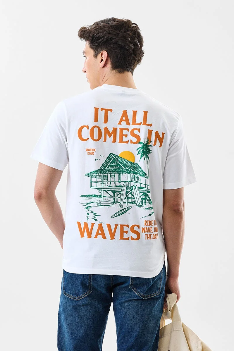 SNITCH Slim Fit Cotton Waves White T-Shirt