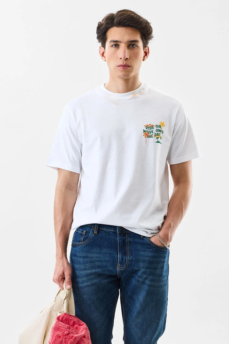 سنيتش Slim Fit Cotton Waves White T-Shirt