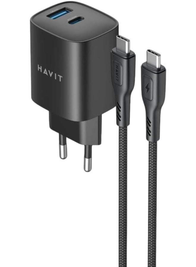 هافيت شاحن حائط HAVIT ST932 بقدرة 30 واط بتقنية GaN مع كابل USB-C إلى USB-C مضفر بالنايلون، فيشة أوروبية (EU)، يدعم الشحن السريع للهواتف الذكية والأجهزة اللوحية وأجهزة اللابتوب وجهاز Nintendo Switch وغيرها من الأجهزة المزودة بمنفذ USB-C. - Image 3