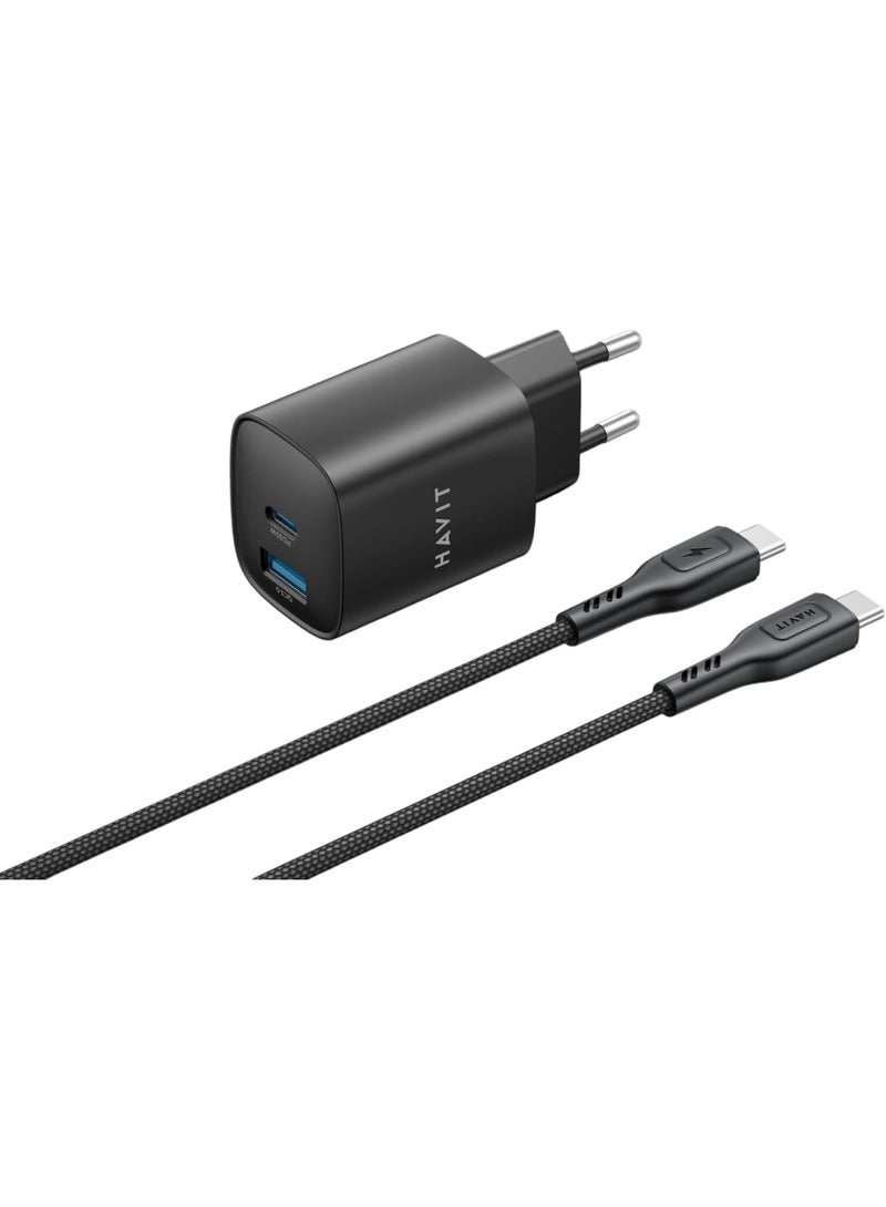 هافيت شاحن حائط HAVIT ST932 بقدرة 30 واط بتقنية GaN مع كابل USB-C إلى USB-C مضفر بالنايلون، فيشة أوروبية (EU)، يدعم الشحن السريع للهواتف الذكية والأجهزة اللوحية وأجهزة اللابتوب وجهاز Nintendo Switch وغيرها من الأجهزة المزودة بمنفذ USB-C. - Image 1
