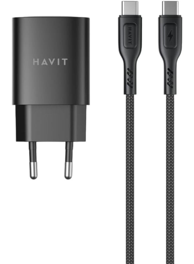 هافيت شاحن حائط HAVIT ST932 بقدرة 30 واط بتقنية GaN مع كابل USB-C إلى USB-C مضفر بالنايلون، فيشة أوروبية (EU)، يدعم الشحن السريع للهواتف الذكية والأجهزة اللوحية وأجهزة اللابتوب وجهاز Nintendo Switch وغيرها من الأجهزة المزودة بمنفذ USB-C. - Image 2