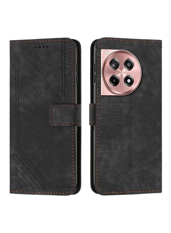 Green Tiger For OnePlus Ace 3 Skin Feel Stripe Pattern Leather Phone Case with Lanyard(Black)