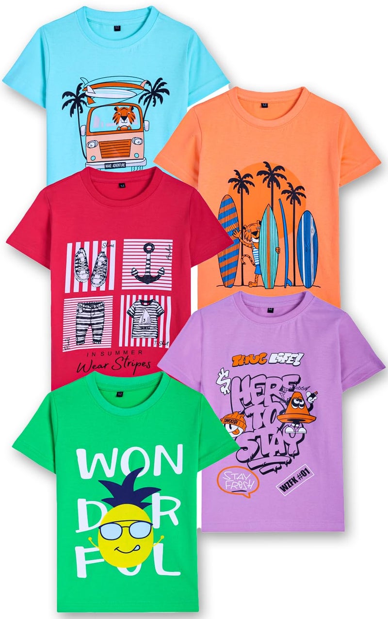T2F Boys 100% Cotton Printed Pastel Colors Regular Fit T-Shirt (Pack of 5) - Image 1