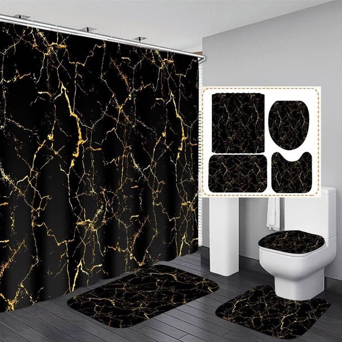 4PCS SHOWER CURTAIN SETS BLACK AND GOLD MARBLE BATHROOM SETS WITH SHOWER CURTAIN AND RUGS AND ACCESSORIES LUXURY BATHROOM CURTAIN DECOR SETS WITH 12 HOOKS
