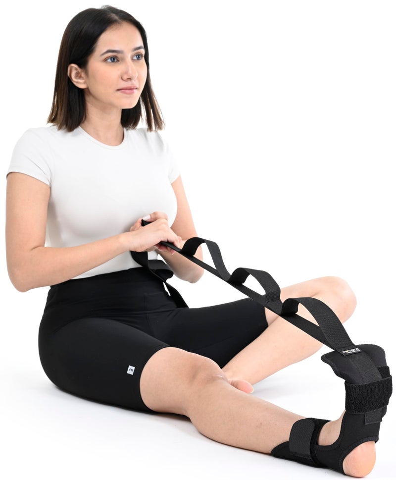 FOVERA Foot & Calf Stretcher Belt - Stretching Strap for Plantar Fasciitis, Heel Spurs, Foot Drop, Achilles Tendonitis & Hamstring | Yoga Foot & Leg Stretch Strap (Black) - Image 1