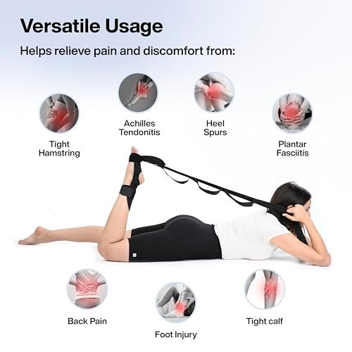 FOVERA Foot & Calf Stretcher Belt - Stretching Strap for Plantar Fasciitis, Heel Spurs, Foot Drop, Achilles Tendonitis & Hamstring | Yoga Foot & Leg Stretch Strap (Black) - Image 4