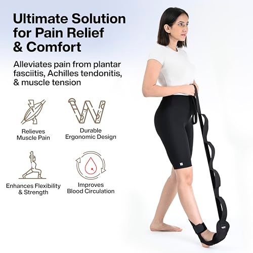 FOVERA Foot & Calf Stretcher Belt - Stretching Strap for Plantar Fasciitis, Heel Spurs, Foot Drop, Achilles Tendonitis & Hamstring | Yoga Foot & Leg Stretch Strap (Black) - Image 3