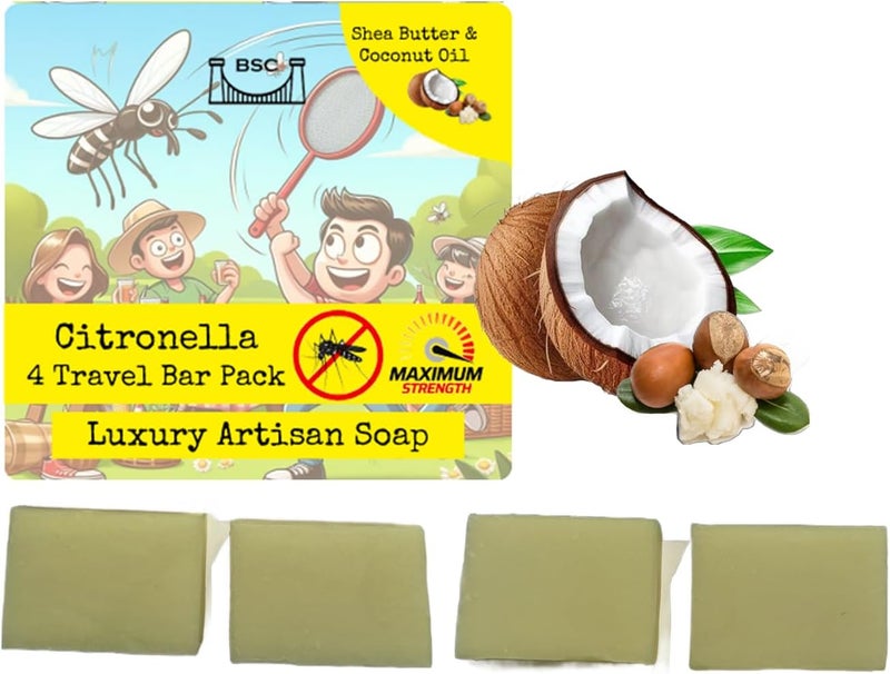 Bristol Soap Company Luxury Artisan Soap 4 MidiTravel Size Bar Pack Citronella Essential Oil AntiMosquito With Shea Butter Coconut Oil Vegan