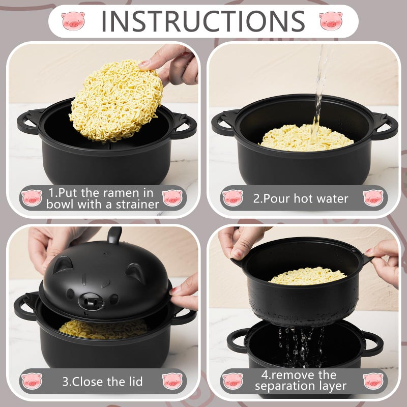 Romooa Large 45oz Cute Ramen Bowl Set Microwavable Pig Ramen Noodle Cooker Wheat Straw Bowl with Strainer Lid Handle Spoon Chopsticks Fork Gift for Home Dorm College(Black,1 Set) - Image 4