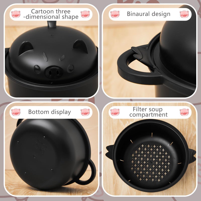 Romooa Large 45oz Cute Ramen Bowl Set Microwavable Pig Ramen Noodle Cooker Wheat Straw Bowl with Strainer Lid Handle Spoon Chopsticks Fork Gift for Home Dorm College(Black,1 Set) - Image 3