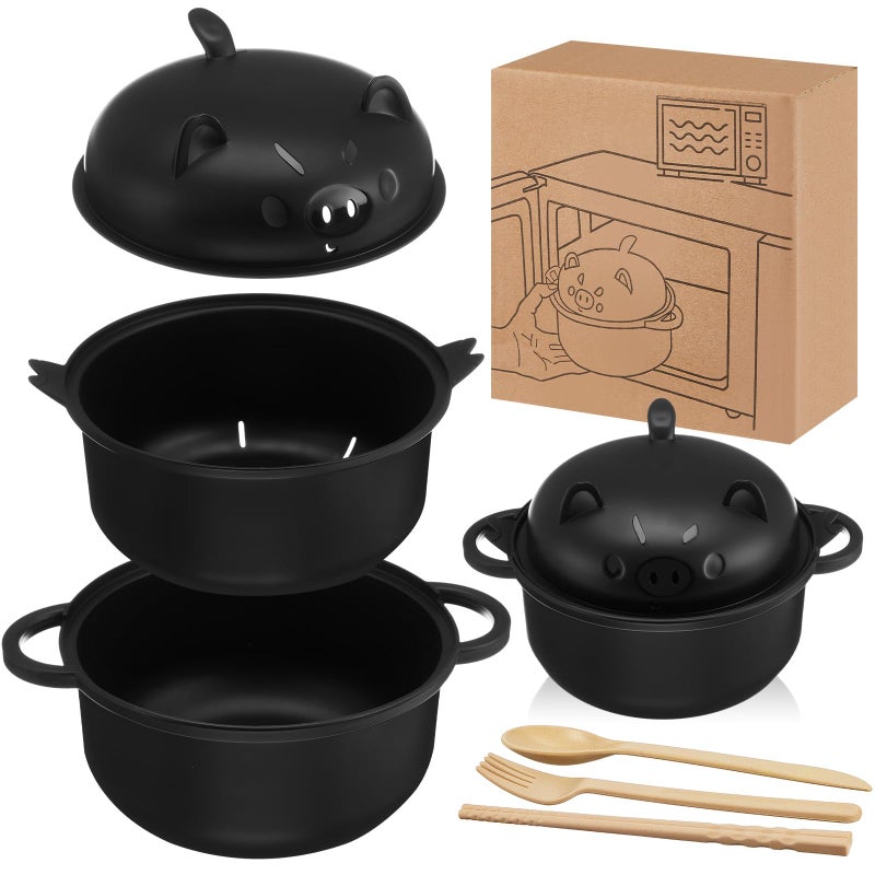 Romooa Large 45oz Cute Ramen Bowl Set Microwavable Pig Ramen Noodle Cooker Wheat Straw Bowl with Strainer Lid Handle Spoon Chopsticks Fork Gift for Home Dorm College(Black,1 Set) - Image 1
